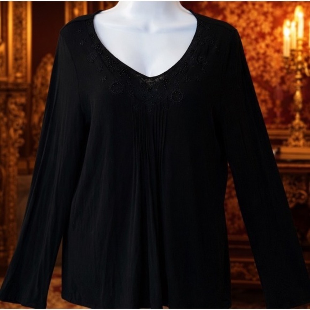 J. Jill Womens Black Embroidered Beaded V-Neck Long Sleeve Stretch Top Size M